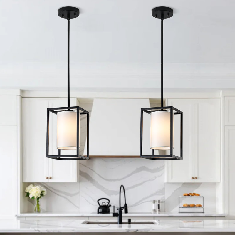 2-Light Industrial Single Kitchen Island Pendant Lantern White Fabric Cylinder Shades Ceiling Hanging Light Fixture