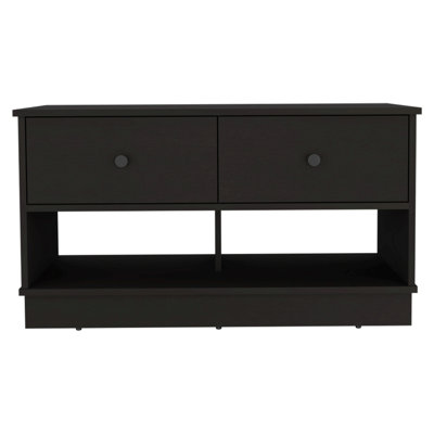 Storage Bench, Two Drawers, Two Open Shelves, Black