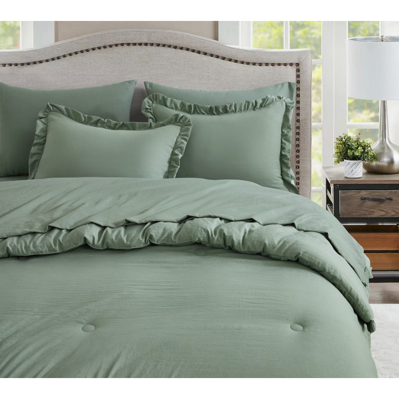 Ruffled Edge Microfiber Bed in a Bag Comforter Set, Queen Comforter + 6 Additional Pieces, Sage