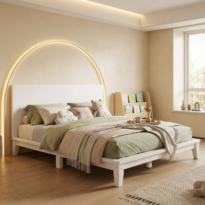 Modern Low-Profile Platform Queen Size Bed Frame with Solid Pine Wood Headboard, No Box Spring Needed, Heavy-Duty Support