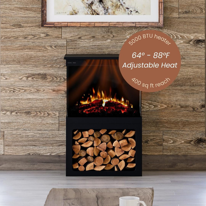 Modern Ember Smart 3-Sided Electric Fireplace Stove Heater With Storage Base | LED Flame Colors |Works With Wi-Fi App