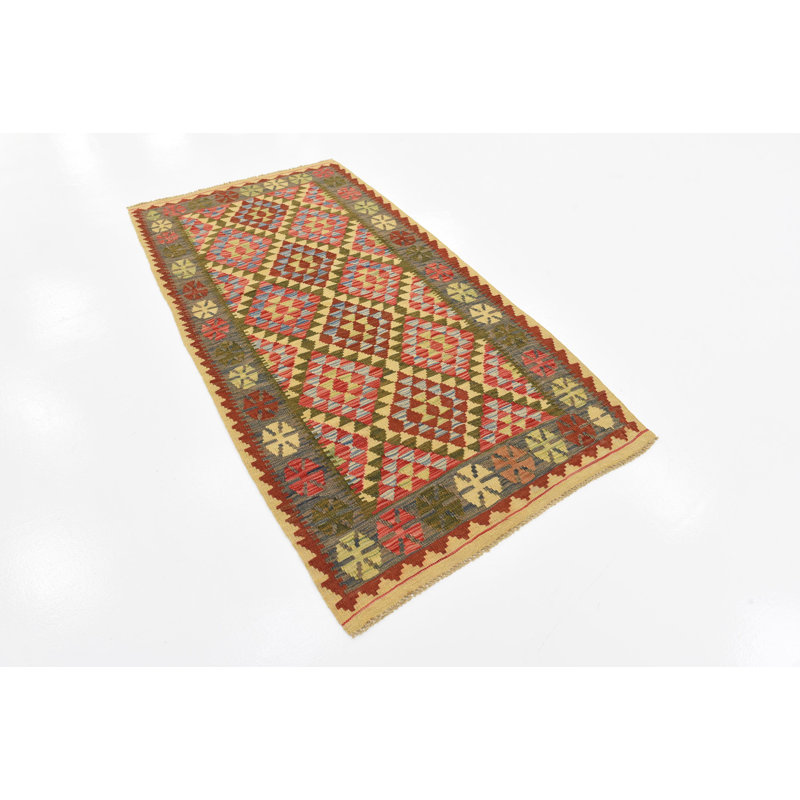 Tapis de zone en laine beige/vert 3 pi 2 po x 6 pi en laine noué la à la main one-of-kind Doorfield