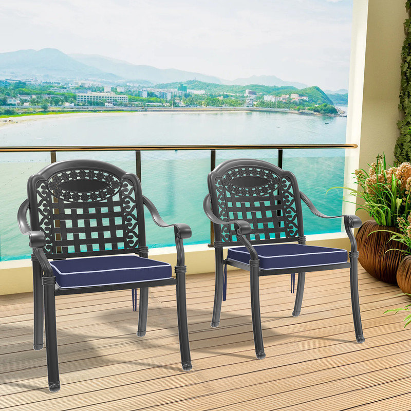 Ensemble de 2 chaises de patio en fonte d'aluminium noire avec coussins bleus