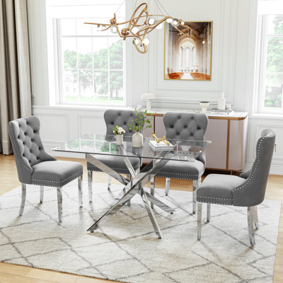 Modern Glass Dining Table Set For 4, 50" Rectangular Tempered Glass Dining Table With Velvet Upholstered Seats
