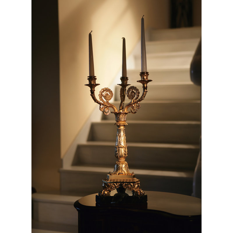 Candélabre à trois lumières en bronze avec placage en or 24 carats et base en marbre
