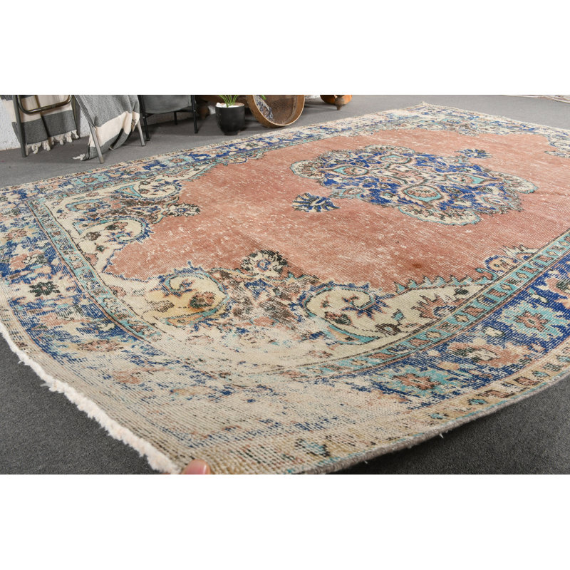 Tapis turc Oushak rétro fait à la main en laine bleue avec motif unique bleu / brun