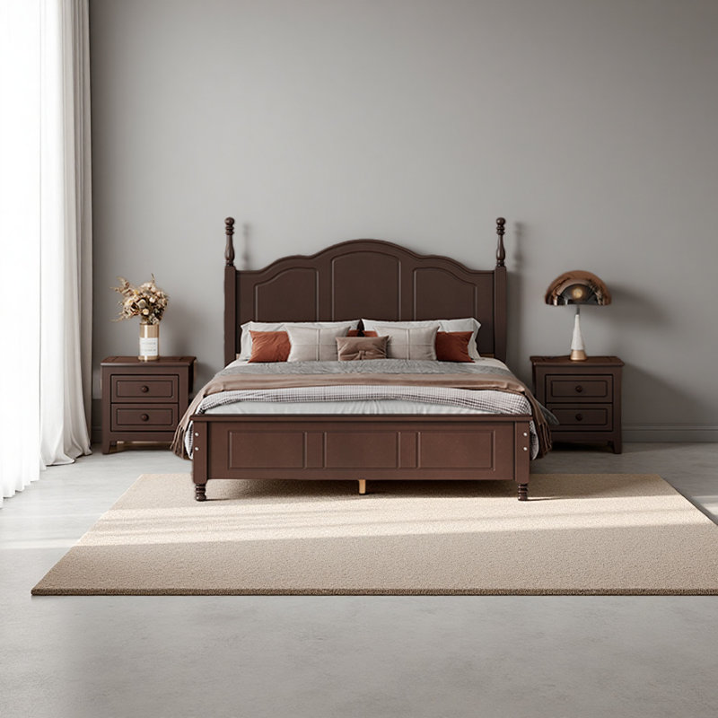 Lit plateforme en bois et deux tables de chevet, Lit double, Noyer foncé