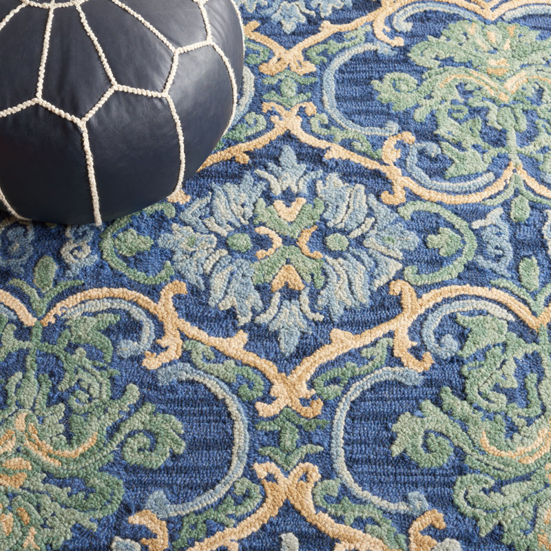 Tapis bleu marine / vert en laine / coton touffeté à la main Jahiem, Tapis de couloir 2 pi 3 po x 22 pi