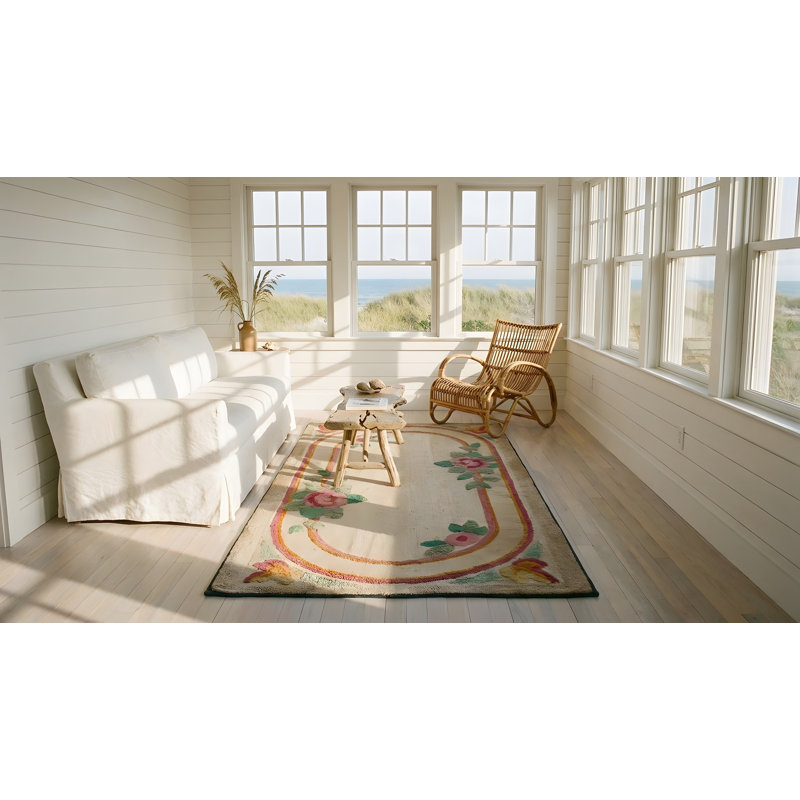 Antique Floral Oval Inlay Pattern American Hooked Rug