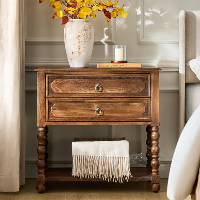 Aristidh Traditional 30"Tall Solid Wood 2-Drawer End Table with Built-in Charging Outlets