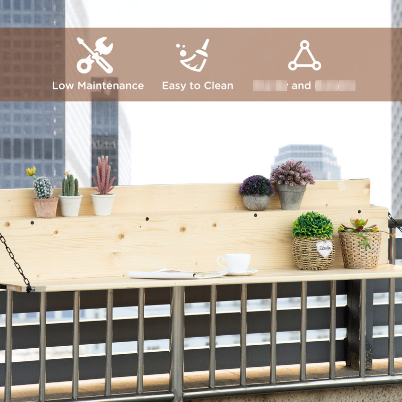 Table de bureau pliable pour balustrade pour balcon, bois d'épinette, espace d'activités extérieures, aspect naturel, l 59 po x H 12,5 po, barre de charge de 66 lb, couleur, poids