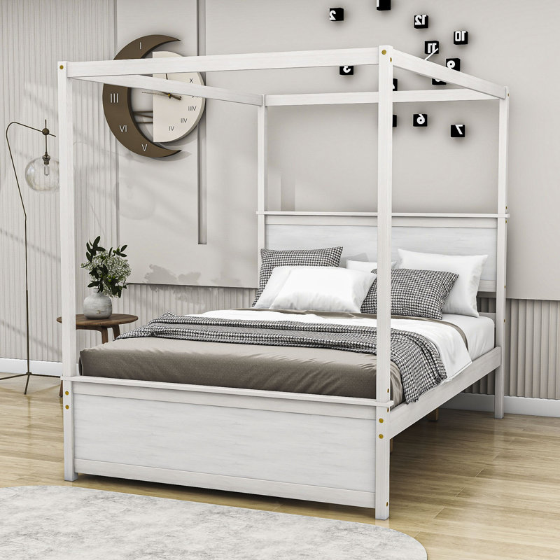 Binisha Full Size Canopy Bed With Headboard and Twin Size Trundle, White