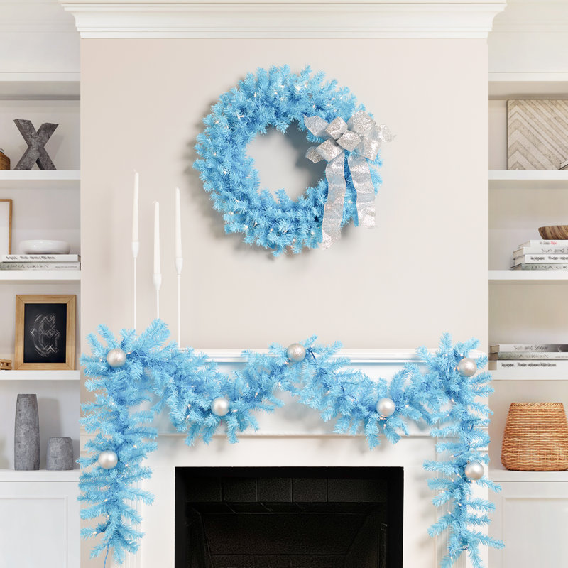 Pre-Lit Artificial Pine Christmas Garland - 9' - Clear Lights, Sky Blue