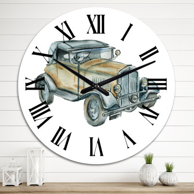 Voiture rétro dans les tons de vert et de gratte - horloge murale industrielle