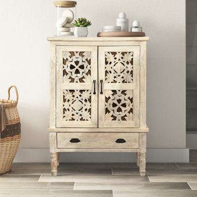 Farmhouse Style Lattice Carved Solid Wood 32" Wide 2 Door Storage Cabinet