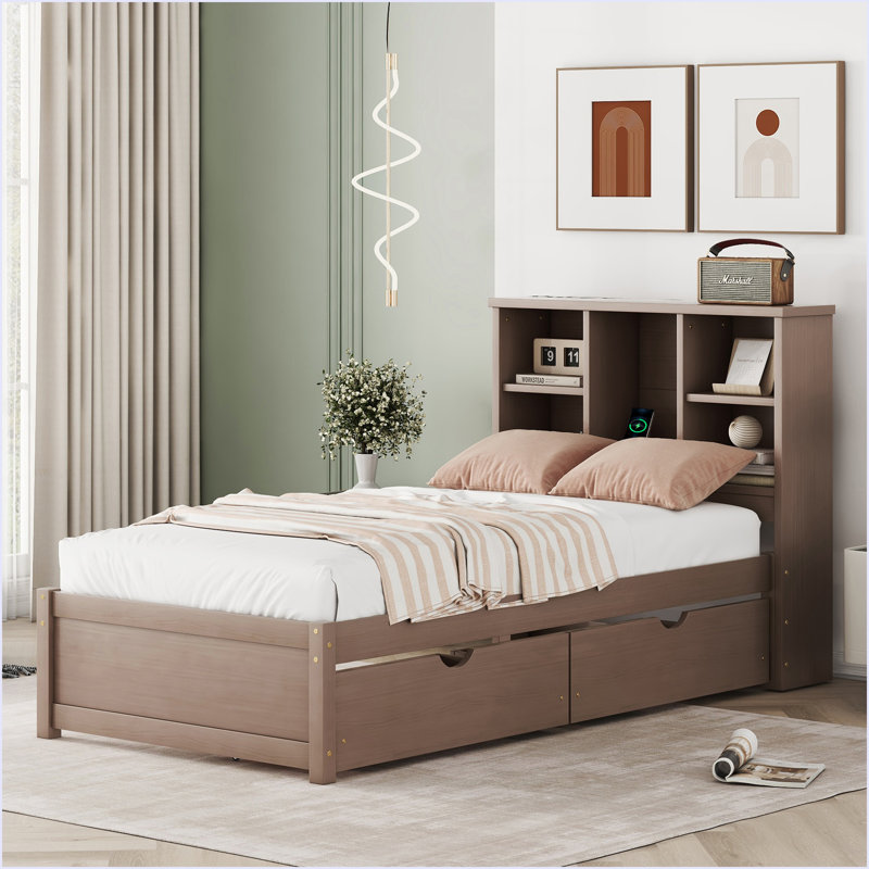 Modern Twin Size Bed Frame With Built-In USB Port On Bookcase Headboard And 2 Drawers, Walnut