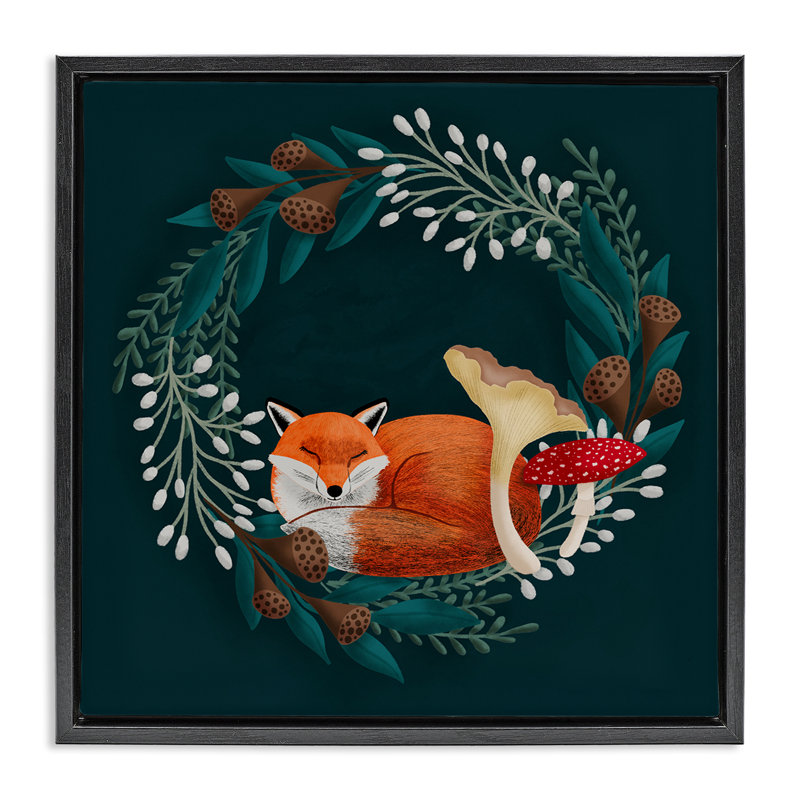 Sleepy Fox dans un cadre flottant couronne de botanique, design par Metka Hiti, H 18 po x l 18 po