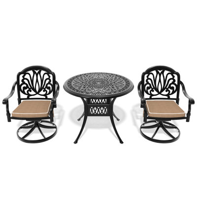3 ensembles de salle à manger en aluminium coulé. 2 chaises pivotantes et une table ronde de 35,43 po. Structure noire. Motifs élégants, confortables et coussins inclus. Rangement toutes saisons. Table en noir. Design élégant.