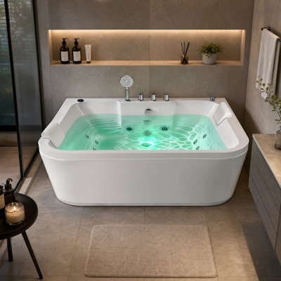 61 Inch Acrylic Whirlpool Massage Bathtub for 2 Person 16 Water Jets LED Lights Heater for Jacuzzi Spa Massage