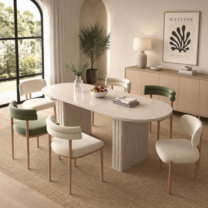 Table de salle à manger ovale extensible pour 4 à 8 personnes, finition inspirée du travertin avec piètement en bois, idéale pour les salons familiaux