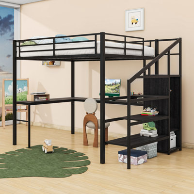 Lit mezzanine double avec garde-robe, escalier et bureau en L