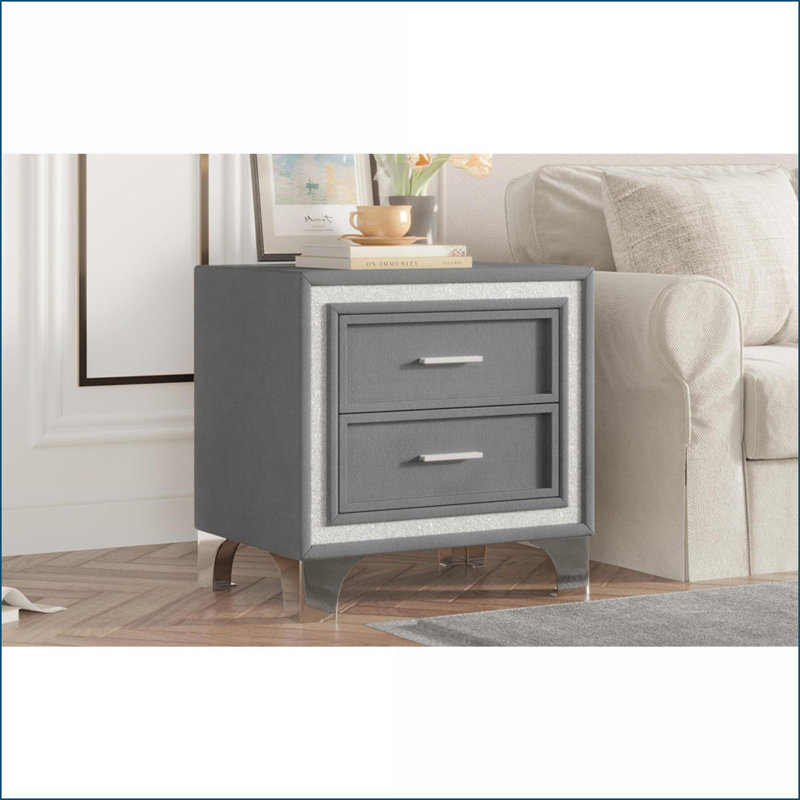 Mid Century Velvet Nightstand with 2 Drawers, Metal Legs, Gray – Easy Assembly, Gray