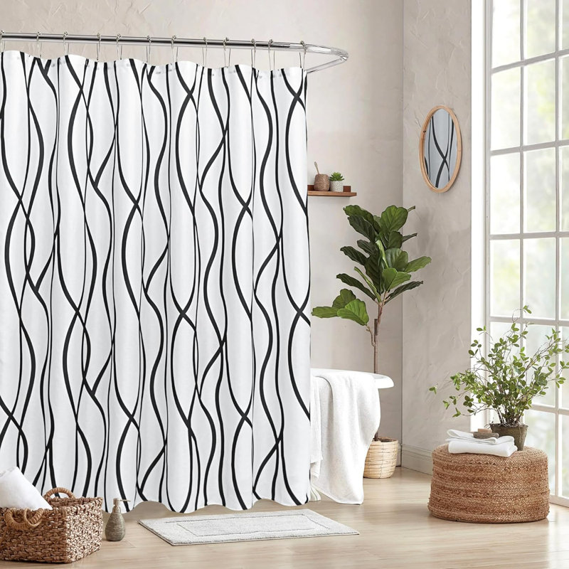 Rideau de douche en polyester imperméable à rayures moderne avec crochets pour salle de bain, Noir
