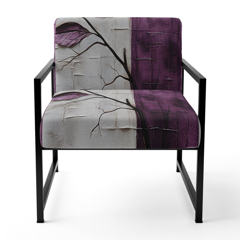 Purple Leaves Plum Precision - Upholstered Scandinavian Arm Chair, Leaf Botanical Accent Chair, Black