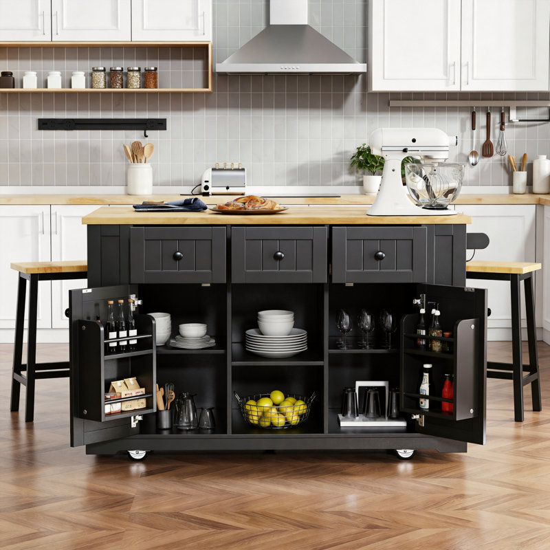 53.2-Inch Large Kitchen Island 2-Piece Set: Folding Tabletop, Outlet Socket, Inside Door Storage Shelf, 5-Wheel Trolley, 5 Side Shelves, Kitchen Suitable, Black, Stool Not Included