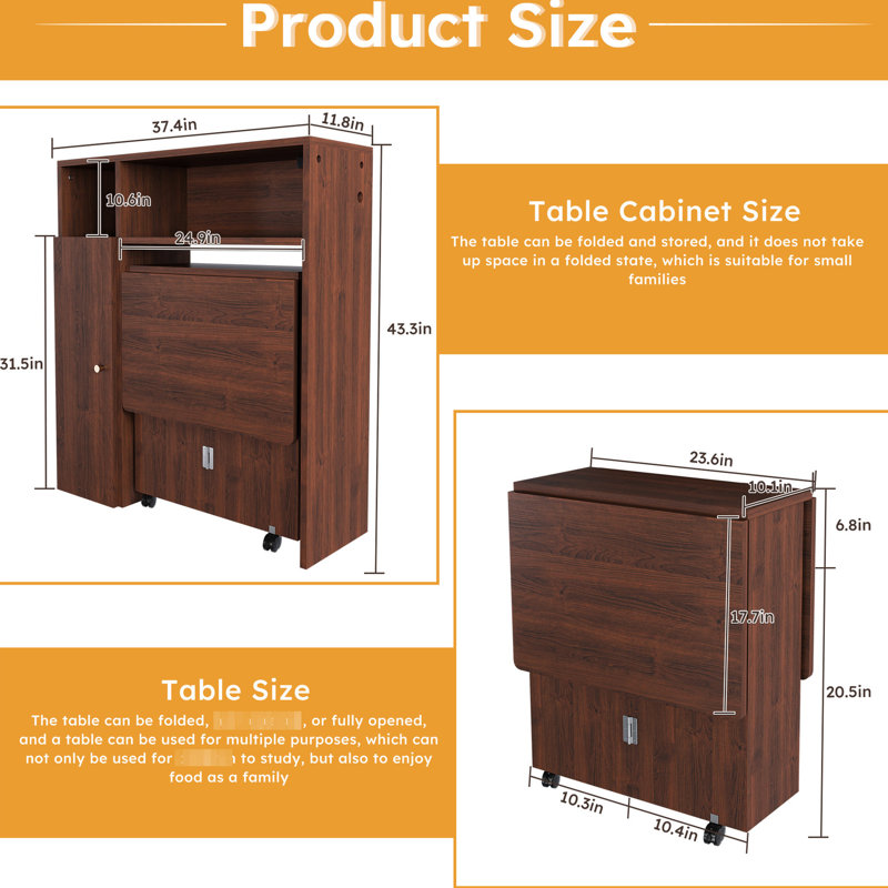 Folding Dining Table With Sideboard & Braking Function, Material, Walnut Color, Small Space Multifunctional Socket, Foldable For Saving,