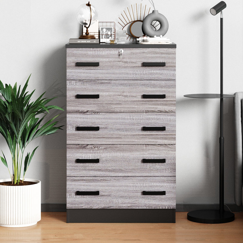 Basurto 5 Drawer Chest Wooden Dresser with Lock, Black/Gray