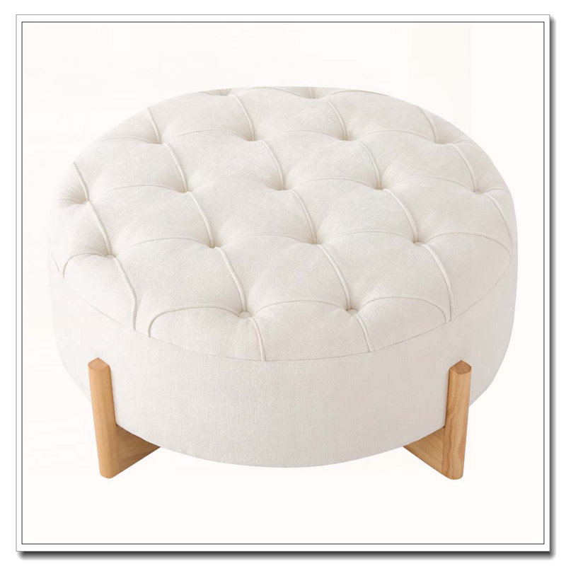 Repose-pieds rond capitonné 32 po avec pieds en bois massif, table basse moderne avec boutons touffetés, Beige