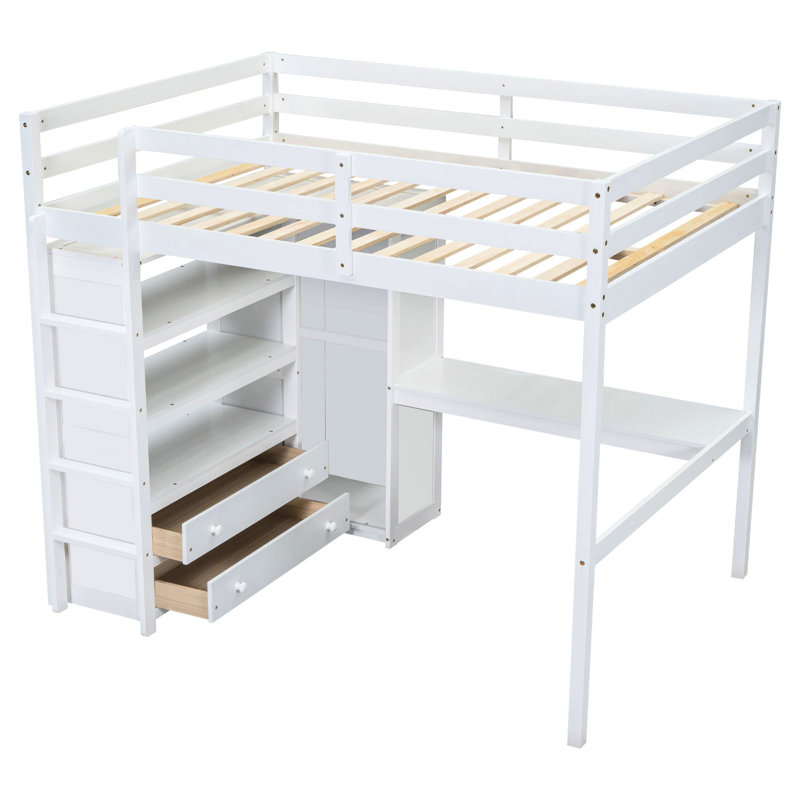 Lit mezzanine double pleine grandeur avec garde-robe, bureau et tiroirs intégrés pour améliorer le système de rangement de la chambre à coucher