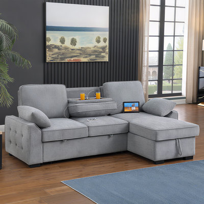 Canapé-lit modulaire rembourré 85,5 pouces avec méridienne avec rangement Finkle, canapé-lit avec port USB, 2 porte-gobelets sur les coussins de dossier