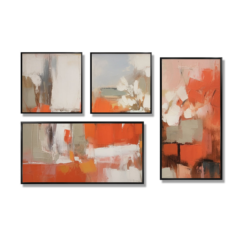 «Orange Minimalims Enchantment II» - Grand art mural abstrait en marbre 4 pièces, Impression encadrée sans passe-partout