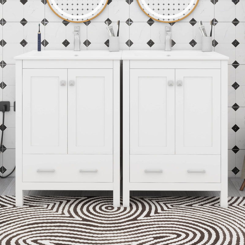 Meuble-lavabo 48 po avec lavabo encastré intégré, tiroir divisé et tablette à double couche, Blanc