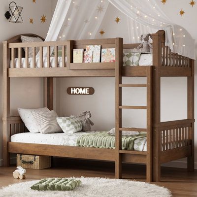 Twin Over Twin Wood Bunk Bed with Guardrails, Detachable Twin Bunk Bed, Brown
