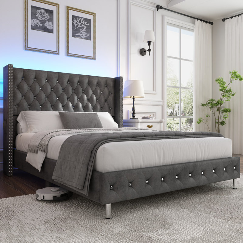 Milun Queen white Upholstered Platform Bed with Wingback and LED, Gray