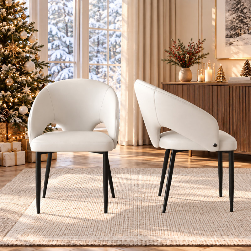Ensemble de 2 chaises de salle à manger modernes rembourrées, chaises d'appoint blanches en similicuir avec accoudoirs incurvés et pieds en métal noir, assemblage requis
