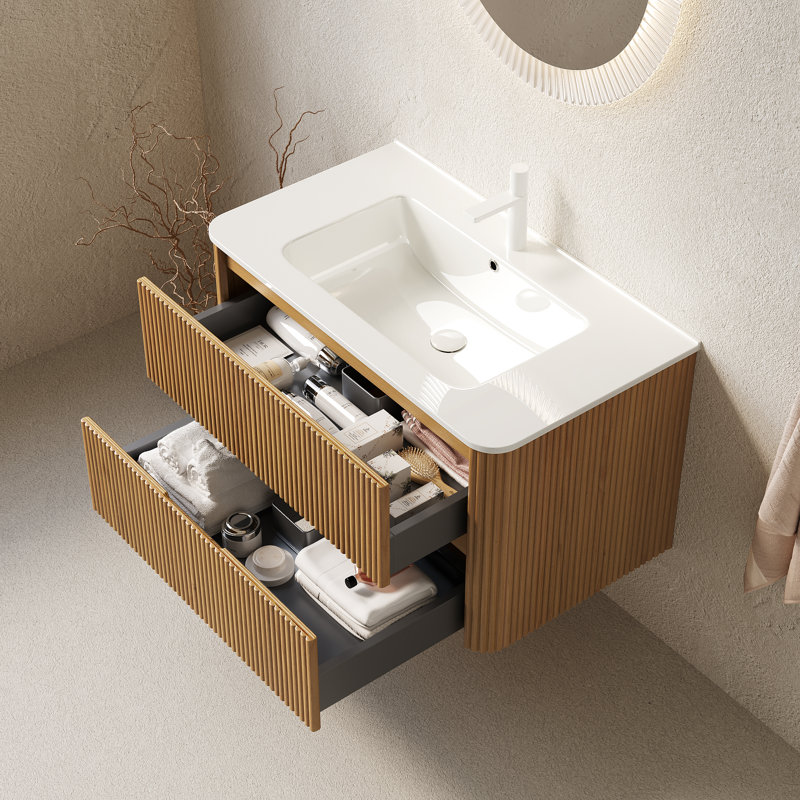 Meuble-lavabo mural 36 po avec lavabo 36 po, 2 tiroirs, lavabo en céramique, contreplaqué, finition grain de bois naturel, sans robinet