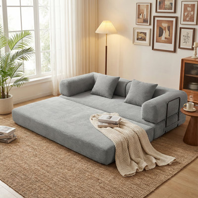 Grey Convertible Sofa Bed, 2-In-1 Foldable Futon With Removable Pillows, Velvet Corduroy Living Room Furniture, Space-Saving Sleeper For Small Apartments And Guest Rooms