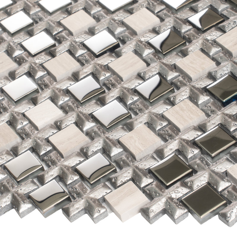 11" x 11" Glass Grid Mosaic Wall Tile, Silver/Gray
