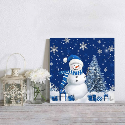 Blue Christmas Snowman Unframed Canvas Wall Art 16" X 16"