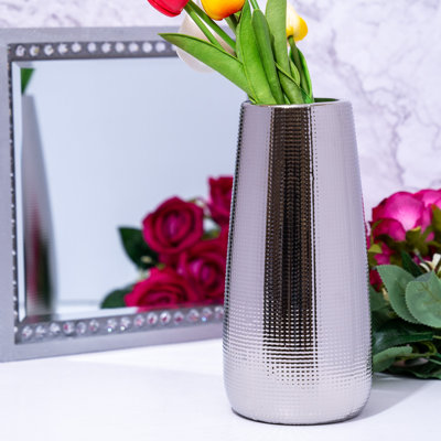 Mathue Silver-Chrome Ceramic Elegance, 25 cm Abstract Aesthetic Vase