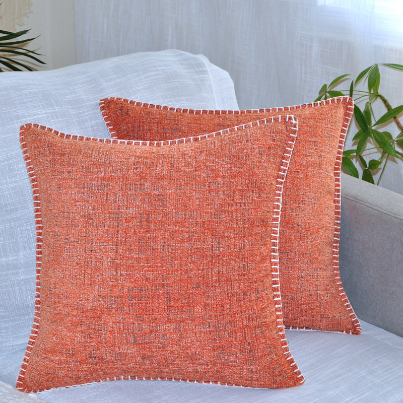 24x24 Orange Chenille Throw Pillow Covers Set of 2 with Piped Edges