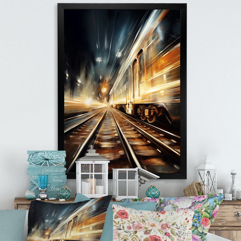 «Train Luminous Trail Lights II», reproduction sur toile, H 32 po x l 24 po x P 1 po, Cadre photo noir