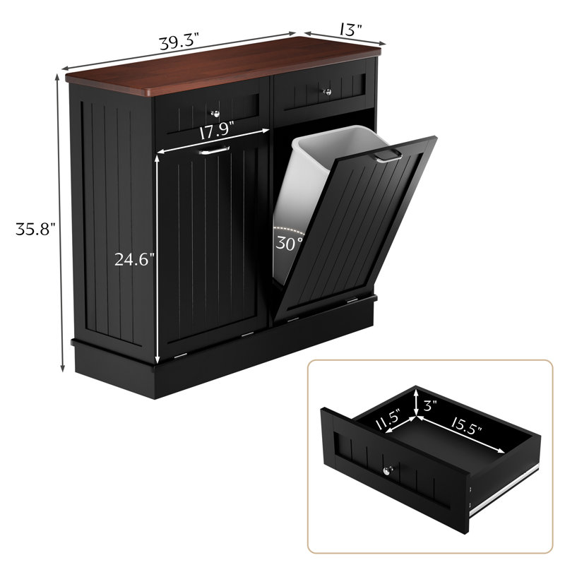 Black Double Tilt Out Trash Cabinet with Countertop and Drawer