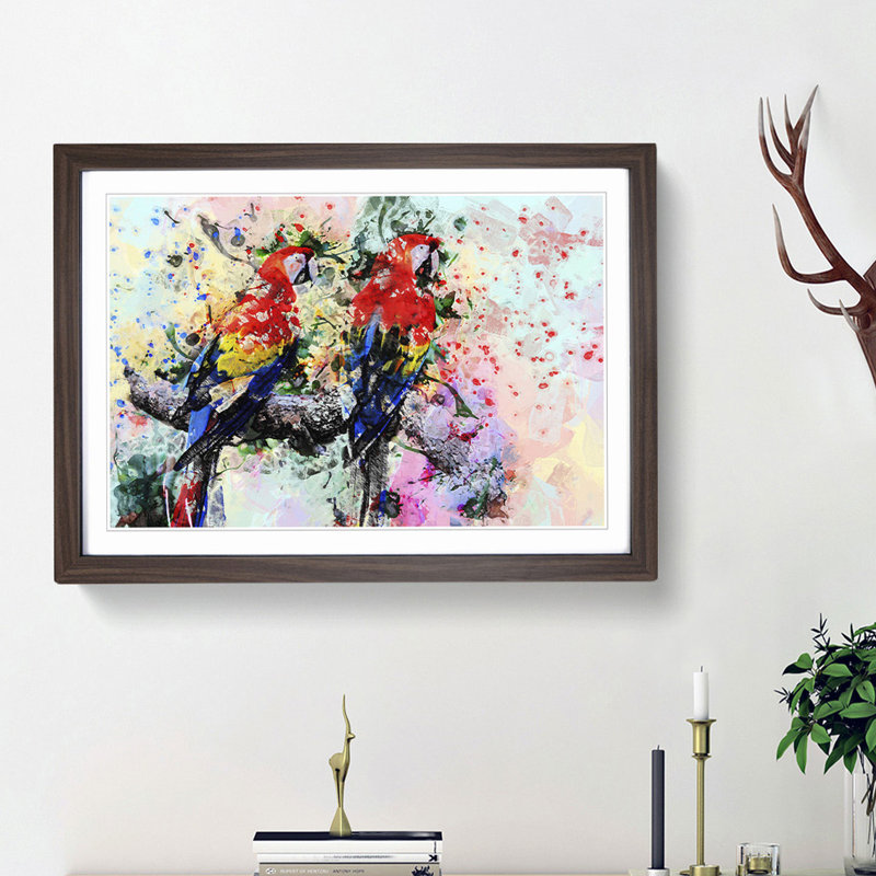 Two Rainbow Macaw Parrots in Abstract - Picture Frame Painting Print, Walnut Framed, 36cm H x 48cm W x 2cm D