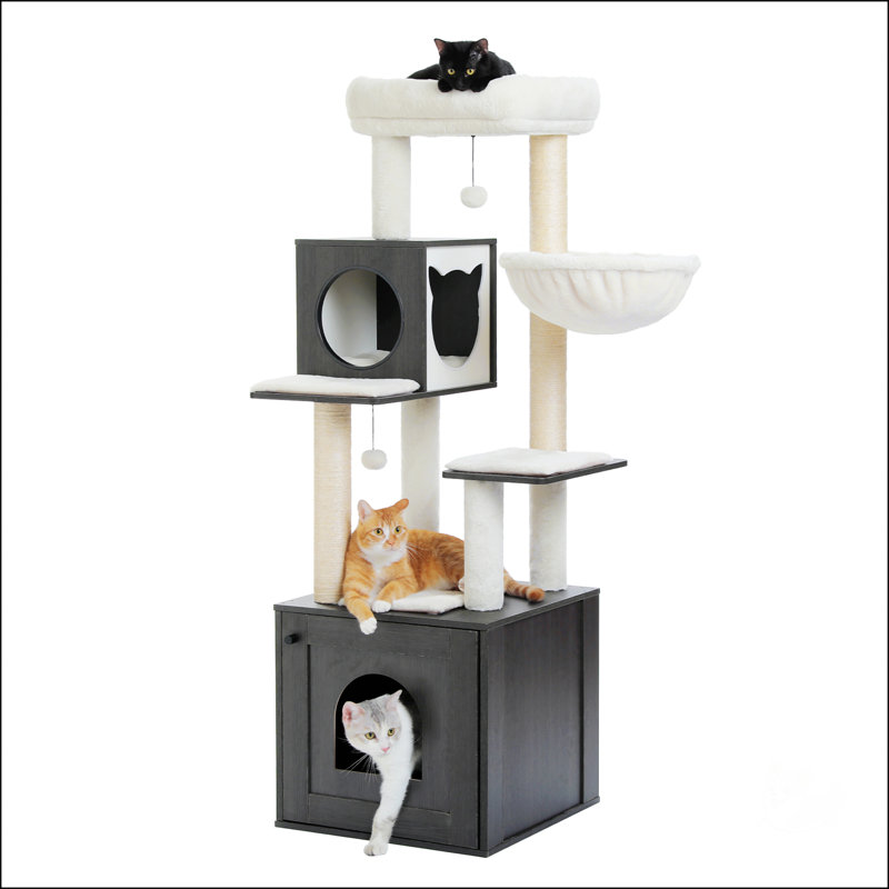 Arbre à chat 57,5 po avec grand bac à litière, Noir, noir, noir, noir