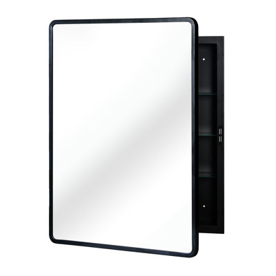 Armoire à miroir 24 x 30 pouces avec cadre en métal noir - Support mural pour salle de bain ou 3 tablettes réglables encastrées, support en verre trempé avec cadre confortable